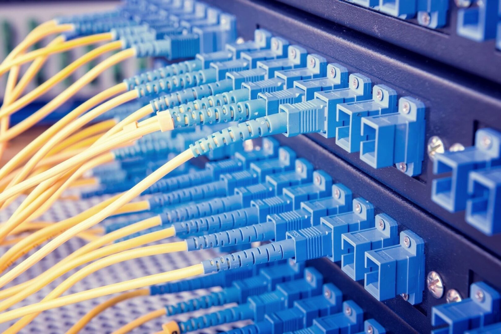 Fiber optic cable in Technology center with fiber optic equipment